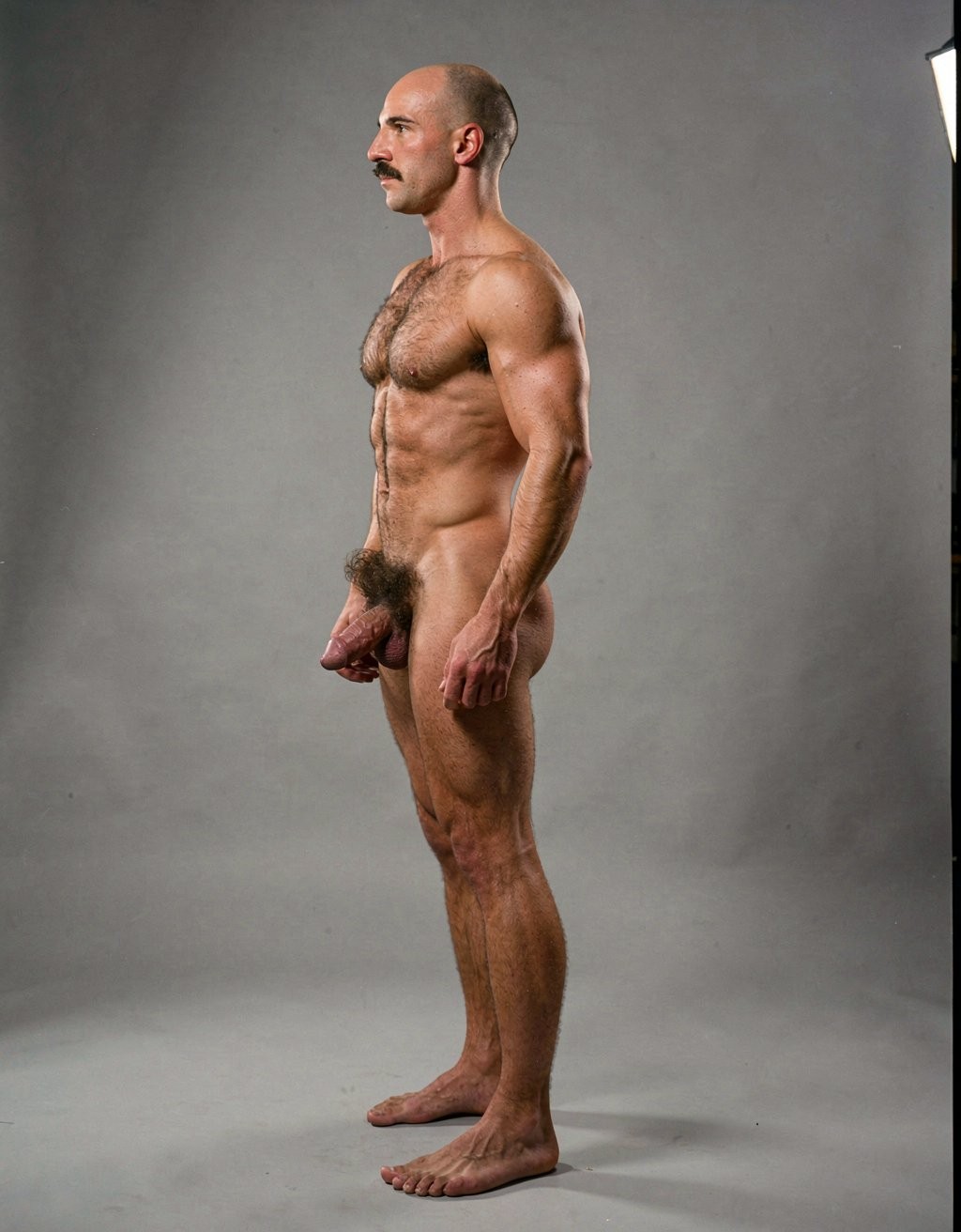 Hombre desnudo de pie en perfil lateral sobre un fondo gris de estudio, con iluminación suave que marca la musculatura del torso, los brazos y las piernas. Tiene la cabeza rapada con entradas, bigote oscuro y abundante vello en el pecho, abdomen y pubis. Su postura es erguida y relajada, con los brazos caídos junto al cuerpo y la mirada dirigida hacia la izquierda. El pene cuelga visible hacia delante, parcialmente rodeado por vello púbico, mientras los pies descalzos descansan sobre el suelo liso. La escena tiene un estilo fotográfico anatómico, sobrio y documental.