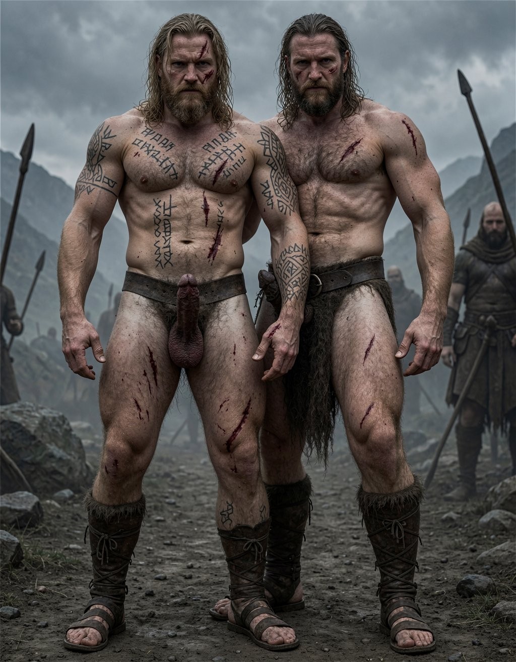 Two muscular Nordic warriors advance across rocky, muddy terrain under a gray storm sky, their bare torsos covered in runic tattoos, scars, blood, and battle marks. Both have long hair and thick beards, stern gazes, and a defiant attitude, dressed only in belts, loincloths or dark furs, high boots, and rustic sandals that reinforce their Viking appearance. The man on the left has numerous black inscriptions across his chest, arms, and abdomen, as well as fresh wounds on his thighs and side; the one on the right, more heavily built, shows bleeding scratches on his shoulder, chest, and leg. In the background, other fighters with spears and cloaks appear among misty mountains, creating an epic, brutal, cinematic scene of ancient warfare.