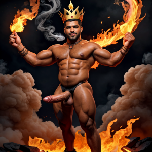 Cneo Pompeyo Magno desnudo con pene grande y testículos grandes peludos. Hombre Catón y hombre Cicerón están desnudos andando y cerca de Cneo Pompeyo Magno. Doblan el brazo derecho para enseñar los bíceps del brazo derecho con gran orgullo. Tiene mucho vello por todo el cuerpo. Está agachado. Está bronceado. Las sandalias están bonitas. Tiene corona de oro. Tiene alas de diablo negras y rojas oscuro. Tiene cara de malvado y serio. Por su boca sale un chorro de fuego y humo blanco. Los brazos están hacia arriba implorando rayos y fuego. El fuego sale del pene a chorros hacia arriba de su pene erecto tieso hacia arriba. Sus ojos son grandes y rojos. Está enseñando sus grandes testículos. Se ve de perfil apreciándose un solo pene perfecto y grande. Tiene testículos grandes y oscuros. ¿Dónde están las alas negras? Ilumina con mucha luz roja todo el cuerpo. Tiene su pene muy grande rodeado por la parte de atrás de dos hermosos huevos. Salta despegándose del suelo hacia abajo entre las llamas hacia al infierno despidiéndose de todos. Es extremadamente atractivo. Está acostado y flotando entre llamas y humo