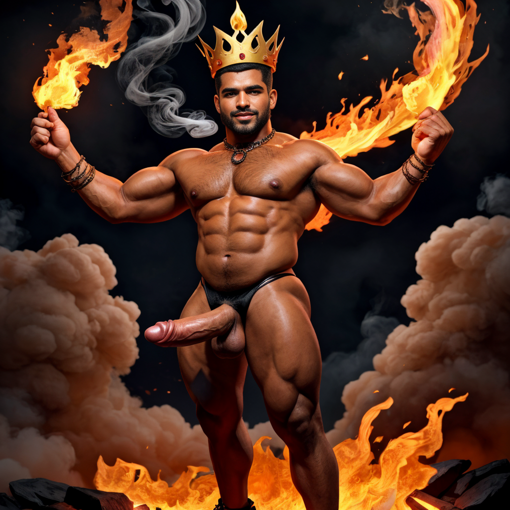 Cneo Pompeyo Magno desnudo con pene grande y testículos grandes peludos. Hombre Catón y hombre Cicerón están desnudos andando y cerca de Cneo Pompeyo Magno. Doblan el brazo derecho para enseñar los bíceps del brazo derecho con gran orgullo. Tiene mucho vello por todo el cuerpo. Está agachado. Está bronceado. Las sandalias están bonitas. Tiene corona de oro. Tiene alas de diablo negras y rojas oscuro. Tiene cara de malvado y serio. Por su boca sale un chorro de fuego y humo blanco. Los brazos están hacia arriba implorando rayos y fuego. El fuego sale del pene a chorros hacia arriba de su pene erecto tieso hacia arriba. Sus ojos son grandes y rojos. Está enseñando sus grandes testículos. Se ve de perfil apreciándose un solo pene perfecto y grande. Tiene testículos grandes y oscuros. ¿Dónde están las alas negras? Ilumina con mucha luz roja todo el cuerpo. Tiene su pene muy grande rodeado por la parte de atrás de dos hermosos huevos. Salta despegándose del suelo hacia abajo entre las llamas hacia al infierno despidiéndose de todos. Es extremadamente atractivo. Está acostado y flotando entre llamas y humo