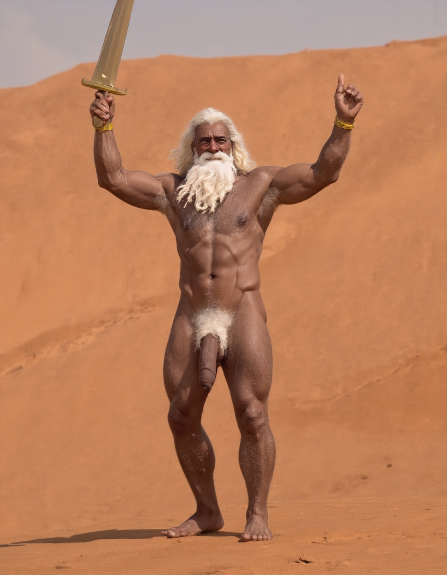 Enrique es un hombre muy delgado de 50 años, tiene cabello largo con canas blancas, tiene barba blanca abundante y larga. Está totalmente desnudo, en sus manos lleva una espada de oro alzada hacia el cielo. Tiene un cuerpo muy delgado con músculos marcados y definidos. 💪🏼. Tiene un pene erecto de 36,8 cm de longitud y 7,9 cm de diámetro. Tiene mucho vello corporal blanco en su pecho, tiene mucho vello en sus brazos y tiene mucho vello en sus piernas. Está en la arena del desierto entre grandes dunas de arena color terracota. Tiene la piel morena que está bronceada por el Sol. 