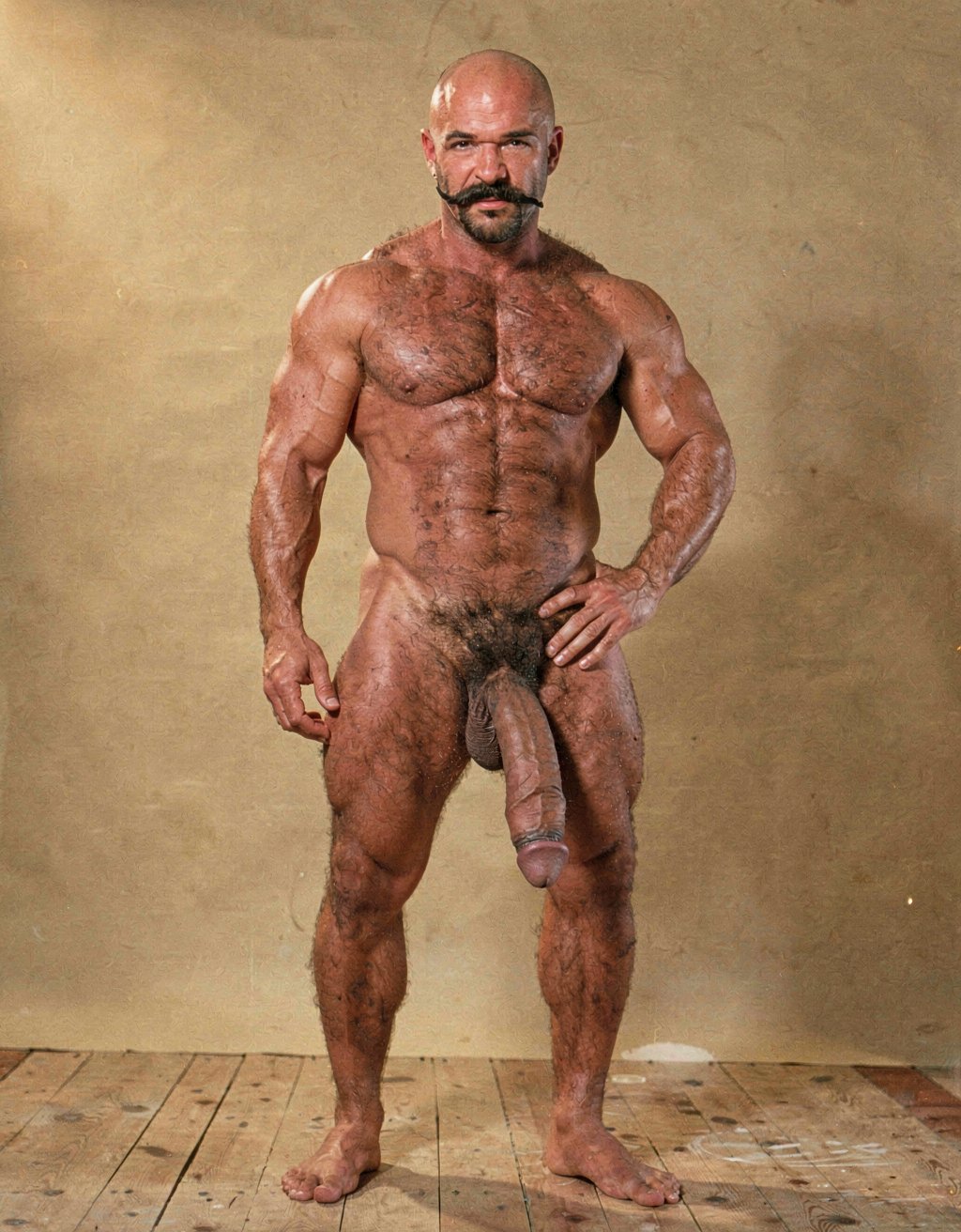 Mike Morris, a powerfully built 32-year-old man with advanced male pattern baldness and a thick dark brown handlebar mustache, stands naked in a warmly lit 1970s studio, his muscular body covered in dense dark brown hair across his broad chest and thick forearms, his erect penis fully exposed and standing long and thick, the prominent glans catching the light, heavy testicles hanging low beneath a dense patch of dark pubic hair. His bare feet are planted firmly on a worn wooden floor, the definition of his calf muscles and quadriceps sharply visible, one hand loosely at his side, the other resting on his hip, his expression intense and direct. Soft golden studio key light from above-left sculpts every detail of his defined pectorals, abdominal six-pack, and the veins running along his forearms and the dorsal side of his erect shaft, with deep shadows under his muscles, the image rendered in ultra-sharp focus with rich warm tones and subtle film grain, capturing the iconic Colt Studio aesthetic at its highest resolution.