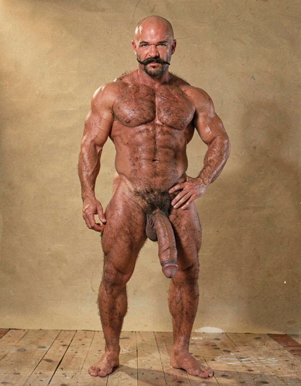 Mike Morris, a powerfully built 32-year-old man with advanced male pattern baldness and a thick dark brown handlebar mustache, stands naked in a warmly lit 1970s studio, his muscular body covered in dense dark brown hair across his broad chest and thick forearms, his erect penis fully exposed and standing long and thick, the prominent glans catching the light, heavy testicles hanging low beneath a dense patch of dark pubic hair. His bare feet are planted firmly on a worn wooden floor, the definition of his calf muscles and quadriceps sharply visible, one hand loosely at his side, the other resting on his hip, his expression intense and direct. Soft golden studio key light from above-left sculpts every detail of his defined pectorals, abdominal six-pack, and the veins running along his forearms and the dorsal side of his erect shaft, with deep shadows under his muscles, the image rendered in ultra-sharp focus with rich warm tones and subtle film grain, capturing the iconic Colt Studio aesthetic at its highest resolution.