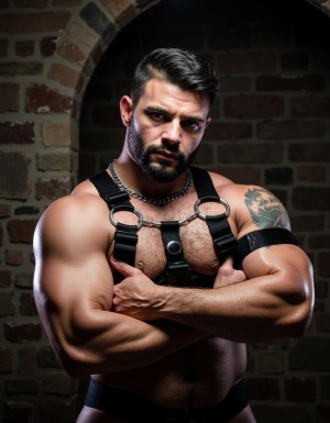 un hombre musculoso y dominante de unos 30 años con una expresión segura e intimidante, cabello oscuro, mandíbula fuerte, vistiendo un arnés de cuero negro sobre su pecho desnudo, parado en un entorno de mazmorra con paredes de piedra, iluminación dramática que proyecta sombras sobre sus músculos definidos, ojos intensos y penetrantes que miran directamente a la cámara, pose autoritaria con los brazos cruzados, tatuajes visibles en sus brazos, estilo de fotografía realista, iluminación de alto contraste, calidad de retrato profesional, (hombre musculoso:1.5) (expresión intimidante:1.3) (arnés de cuero negro:1.2) (iluminación dramática:1.1) (tatuajes visibles:1) (pose autoritaria:1) ((ojos intensos):1.1)