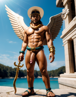 Hermes es el dios de los mensajeros, el comercio, los ladrones, y los viajeros. Es conocido por su velocidad y astucia. Tiene sandalias aladas. Tiene un sombrero con dos pequeñas alas pegadas en los lados. Tiene un caduceo (bastón con dos serpientes entrelazadas). Tiene pene grande y largo. Tiene testículos grandes