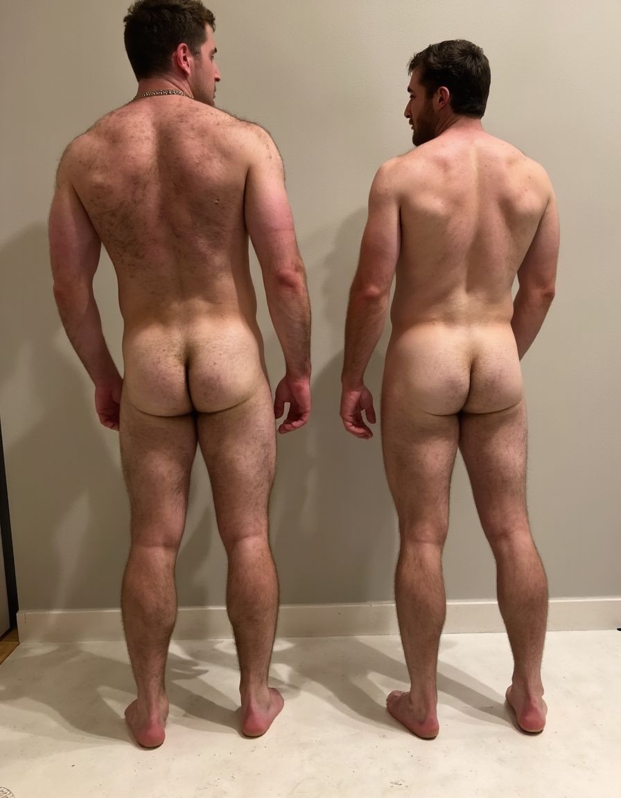 Two naked men pose from behind in a simple room, standing on a light-colored floor in front of a plain beige wall. The man on the left is taller and bulkier, with a broad back, quite a lot of body hair on his shoulders, lower back, and legs, short dark hair, and a chain around his neck; he keeps his arms relaxed at his sides and his feet slightly apart, clearly showing his buttocks. The man on the right is somewhat shorter and slimmer, with less hair, a muscular back, and a similar posture, turning his head slightly toward his companion. The scene has soft indoor lighting and a frontal framing from behind, centered on the body comparison, male anatomy, nudity, and the posture of both bodies.