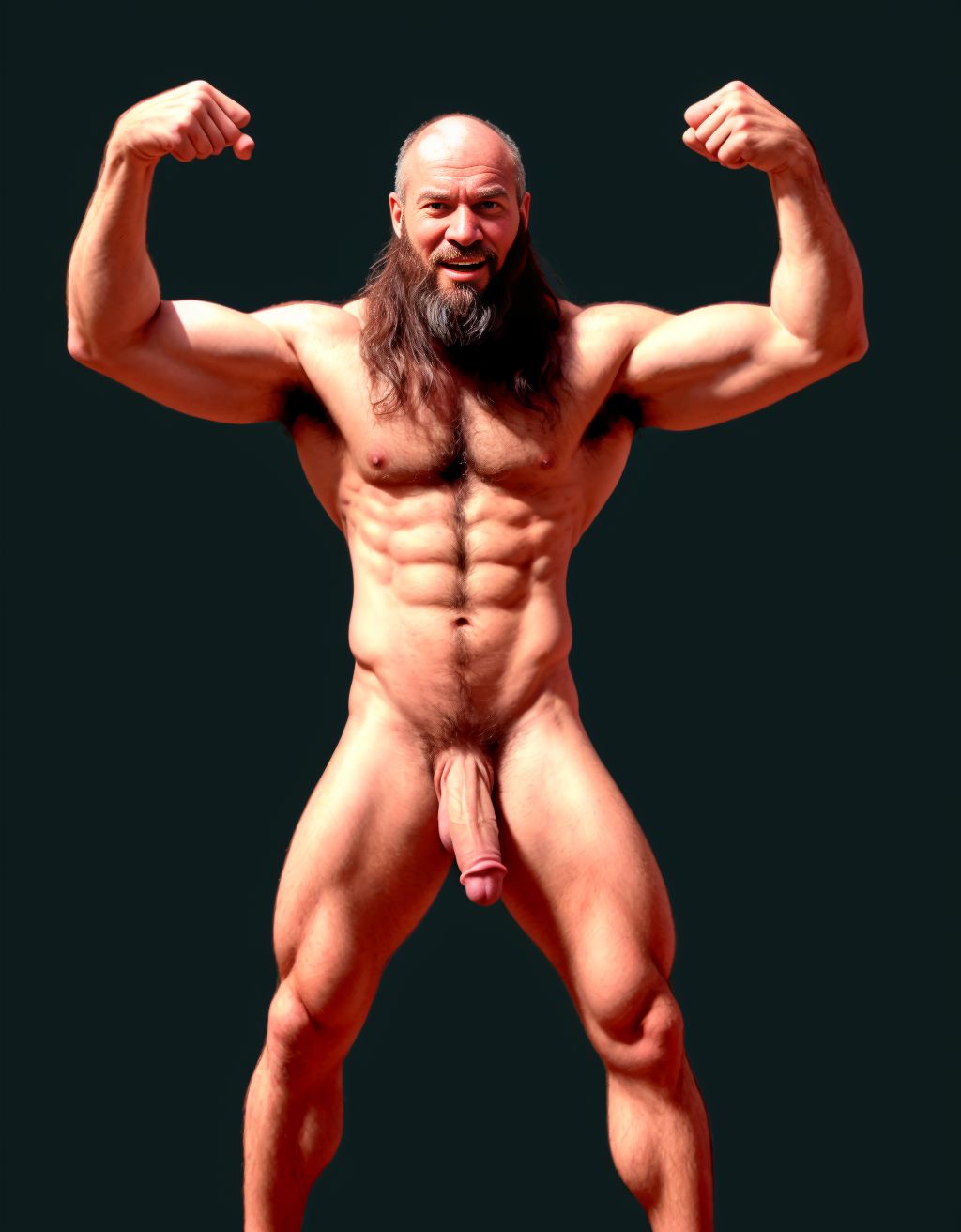 Hombre de 25 años moreno totalmente desnudo que está de pie. Tiene pene grande perfecto. Tiene testículos grandes con mucho vello. Tiene mucho vello en el pecho. Tiene mucho vello en los brazos. Tiene la cara delgada dura y con barba. Es muy delgado. Está muy delgado. Tiene la boca semiabierta. Tiene sandalias verdes. Su pene está erecto hacia arriba. 
