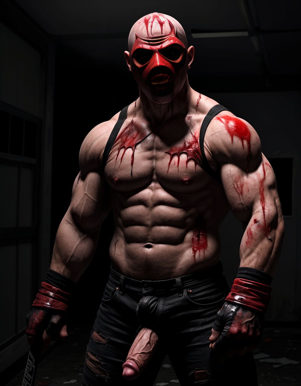 Hombre musculoso vestido de slasher, máscara de hockey ensangrentada, pene erecto visible, ropa rasgada y manchada de sangre, fondo oscuro y sombrío, iluminación tenue, atmósfera aterradora y violenta.