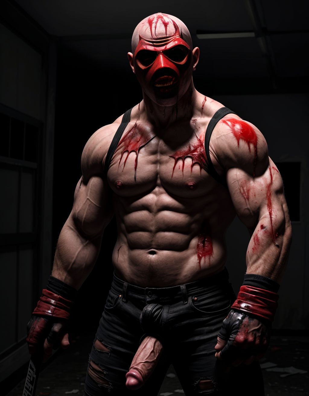 Hombre musculoso vestido de slasher, máscara de hockey ensangrentada, pene erecto visible, ropa rasgada y manchada de sangre, fondo oscuro y sombrío, iluminación tenue, atmósfera aterradora y violenta.