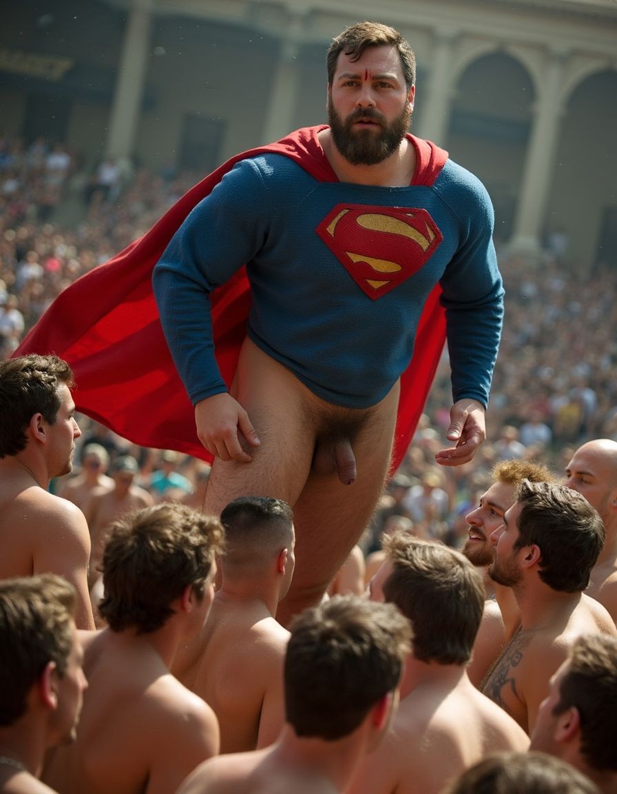 Un hombre corpulento con barba aparece elevado entre una multitud de hombres sin camiseta, vestido con un traje azul de superhéroe inspirado en Superman, con el emblema rojo y amarillo en el pecho y una capa roja ondeando detrás. La prenda queda levantada por encima de la cintura, dejando al descubierto sus piernas desnudas, el pubis y el pene visible, creando una escena explícita y llamativa en medio de un ambiente multitudinario. Alrededor, varios hombres le miran desde abajo entre curiosidad y expectación, con un estadio o plaza abarrotada al fondo, luz diurna intensa y una composición centrada en la figura heroica, musculosa y dominante.
