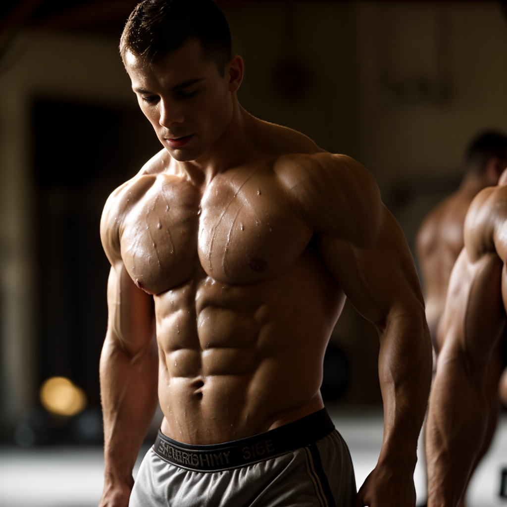 Spanish soldiers, unclothed, wearing chastity cages, engaging in intense training exercises within a military gym. The setting is a blend of discipline and excitement, showcasing their well-toned physiques glistening with sweat, as they demonstrate strength and endurance. The atmosphere is intensely charged, with the focus on their rigorous workout routines.