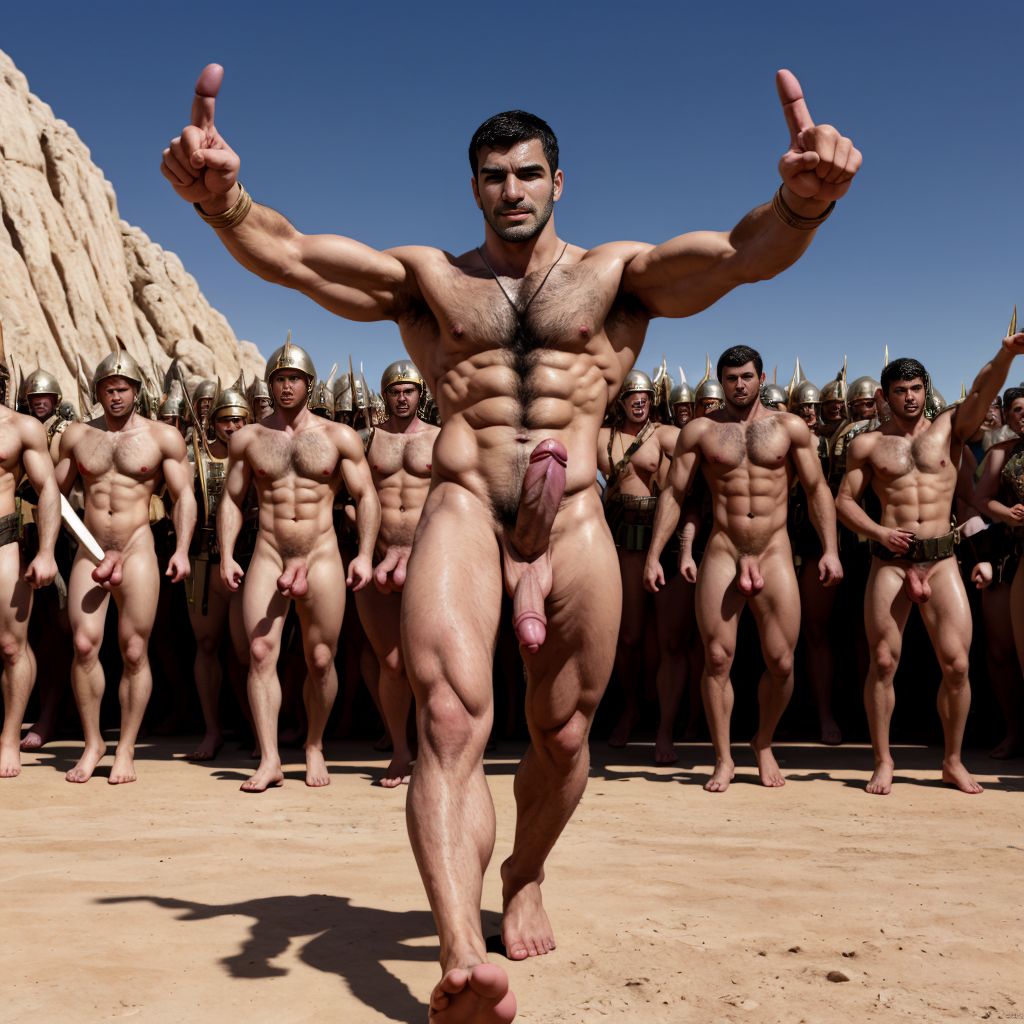 Ejército de Jerjes 1º del imperio persa en el verano del año -480 marcha a pie. Hay dos luchadores que están desnudos con penes grades y testículos grandes y con mucho vello. Están en Helesponto luchando contra el rey Darío desnudo y de gran pene tieso hacia arriba. Delante de de todos está el oráculo de Apolo totalmente desnudo.