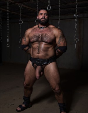Austin Wolf, 40 años, 1.88m de altura, musculoso, cuerpo extremadamente marcado y definido, pectorales grandes y cuadrados, abdominales six-pack profundos, brazos gruesos y venosos, hombros anchos, trapecios marcados, piel blanca bronceada, pelo negro corto con rapado a los lados estilo fade, barba negra densa perfectamente recortada cubriendo mandíbula cuadrada, ojos marrones oscuros con mirada penetrante desafiante, rasgos faciales masculinos y angulosos, nariz recta, cejas gruesas, vello corporal negro medio en pecho bajando por abdomen, tatuajes en brazos y torso, manos atadas detrás de la espalda con cuerdas gruesas negras, collar de cuero negro con argolla de metal plateado al cuello, torso desnudo brillante de sudor con marcas de latigazos cruzando la espalda y hombros, expresión de sumisión forzada pero con actitud alfa contenida, mandíbula apretada, músculos tensos y flexionados, piernas musculosas muslos mostrando pene grande pronunciado, tiene pene de 20 cm de longitud y 8 cm de diámetro. Tiene sandalias negras en los pies. Iluminación dramática cenital tipo mazmorra BDSM, cadenas y ganchos colgando del techo de fondo, ambiente oscuro con tonos grises y negros, fotografía hiperrealista 8K. Tiene sandalias de cuero negro en sus pies.