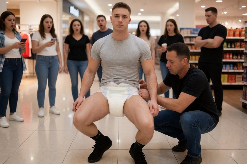 Un hombre joven con camiseta gris ajustada, zapatillas negras y un pañal blanco visible está sentado o en cuclillas en el pasillo de un supermercado, con expresión seria y mirando directamente al frente, mientras otro hombre vestido de negro se agacha a su lado y parece ajustarle o comprobarle el pañal en la zona de la cadera. Alrededor, varias personas observan la escena con sorpresa o incomodidad, algunas sosteniendo vasos o móviles, en un entorno iluminado con suelo brillante, estanterías llenas de productos y ambiente de tienda comercial. La composición crea una situación extraña, pública y llamativa, centrada en el contraste entre el gesto íntimo del ajuste del pañal y la mirada expectante de los clientes.