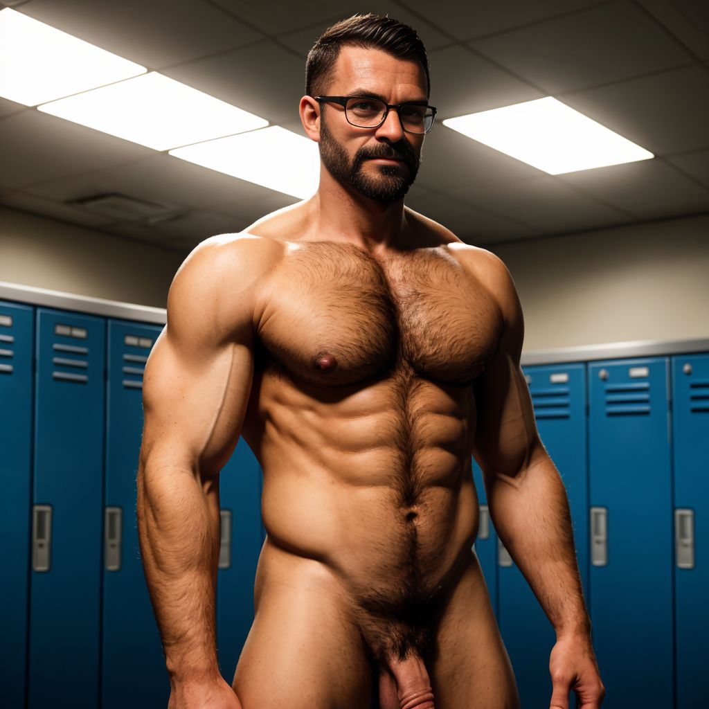 Un tio de 40 años, delgado y velludo, con el pelo de la cabeza muy corto y con gafas se muestra totalmente desnudo en el vestuario del gimnasio. Tiene una actitud masculina.