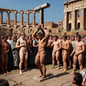 Esclavo joven desnudo recibiendo latigazos encadenado a un poste metálico siendo exhibido ante una multitud en Roma antigua