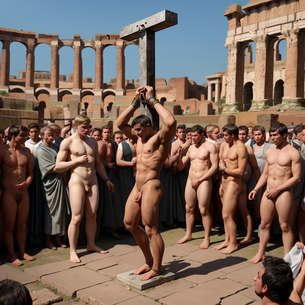 A group of naked men gathers in a Roman-looking setting, with ruins, stone arches and columns under a clear sky, like a historical reenactment in an ancient amphitheater. In the center, a muscular man stands on a slab, with his wrists tied above his head to a wooden structure, his body completely exposed and his penis visible, while several men around him watch in silence or with tense gestures. The scene conveys an atmosphere of public punishment, ritual or exhibition, with chains, gray tunics on some attendants and a dramatic composition in a classical style.