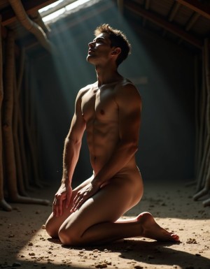 Joven masculino desnudo de aproximadamente 20 años, agachado en el suelo apoyando rodillas y brazos, destacando su postura sumisa.  Su pene está en erección, destacando su excitación, mientras su rostro muestra una mezcla de sumisión y deseo. La luz del establo es tenue, con rayos de sol que se filtran a través de las grietas del techo, iluminando su figura y resaltando los detalles de su anatomía. El ambiente es íntimo y sensual, con un toque de fetichismo, enfatizando la conexión entre la bestialidad y la sensualidad. La imagen es hiperrealista, con detalles de alta calidad, capturando cada textura y cada curva del cuerpo del joven.