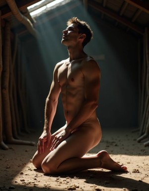 Joven masculino desnudo de aproximadamente 20 años, agachado en el suelo apoyando rodillas y brazos, destacando su postura sumisa.  Su pene está en erección, destacando su excitación, mientras su rostro muestra una mezcla de sumisión y deseo. La luz del establo es tenue, con rayos de sol que se filtran a través de las grietas del techo, iluminando su figura y resaltando los detalles de su anatomía. El ambiente es íntimo y sensual, con un toque de fetichismo, enfatizando la conexión entre la bestialidad y la sensualidad. La imagen es hiperrealista, con detalles de alta calidad, capturando cada textura y cada curva del cuerpo del joven.