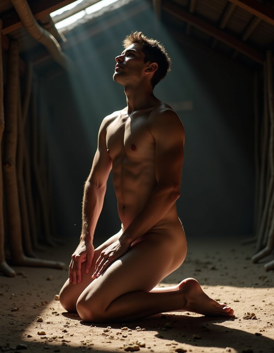 Joven masculino desnudo de aproximadamente 20 años, agachado en el suelo apoyando rodillas y brazos, destacando su postura sumisa.  Su pene está en erección, destacando su excitación, mientras su rostro muestra una mezcla de sumisión y deseo. La luz del establo es tenue, con rayos de sol que se filtran a través de las grietas del techo, iluminando su figura y resaltando los detalles de su anatomía. El ambiente es íntimo y sensual, con un toque de fetichismo, enfatizando la conexión entre la bestialidad y la sensualidad. La imagen es hiperrealista, con detalles de alta calidad, capturando cada textura y cada curva del cuerpo del joven.