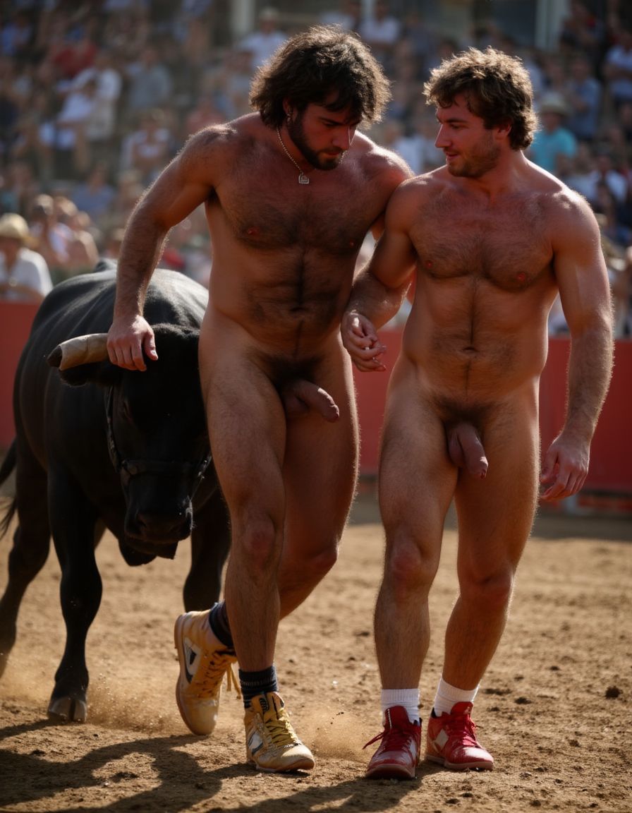 Un torero español musculoso y velludo de 50 años, con torso atlético y marcado, se muestra completamente desnudo, destacando su pene de 30 cm de longitud y 5 cm de grosor, perfectamente formado y rodeado de un denso vello púbico castaño oscuro. Sus testículos, perfectamente formados, cuelgan de forma prominente. La piel bronceada y sudorosa resalta su musculatura definida, con pectorales y abdominales bien marcados y sin grasa. El cabello largo y castaño oscuro está despeinado y sudoroso, con gotas de sudor resbalando por su frente y mejillas. Una barba incipiente y un vello corporal denso que se extiende por su pecho, piernas y brazos completan su apariencia viril. Lleva zapatillas doradas en sus pies.

A su lado, un hombre musculoso y velludo de 30 años, completamente desnudo, muestra un pene de 30 cm de longitud y 4 cm de grosor, hermoso y perfecto, rodeado de un denso vello púbico pelirrojo. Su piel bronceada y sudorosa muestra una musculatura definida, con pectorales y abdominales muy marcados. Tiene cabello pelirrojo despeinado y sudoroso. Tiene una barba pelirroja densa pero bien recortada. El vello corporal pelirrojo denso cubre su pecho, y tiene mucho vello pelirrojo en sus piernas y brazos, lo que realza su apariencia masculina y atlética. Están andando en la plaza de toros con un toro salvaje.

Ambos hombres se encuentran en una plaza de toros, con sombras que resaltan su musculatura y vello corporal, creando un ambiente sensual y cargado de tensión. Están en pleno acto de pasión, con sus penes erectos y testículos prominentes ,destacando su musculatura, vello corporal y atributos viriles en una imagen impactante y llena de energía. La escena está llena de sensualidad y poder, con los dos hombres como protagonistas, en un ambiente cargado de pasión y erotismo. La imagen es híper realista, con detalles de alta calidad, y muestra la unión de los dos hombres en un acto de pasión y dominio, con sus cuerpos musculosos y velludos completamente desnudos y visibles, mostrando su excitación y pasión en cada detalle. Tienen sus penes erectos. Están totalmente desnudos. Tiene un pene de 30 cm de longitud y 5 cm de diámetro.