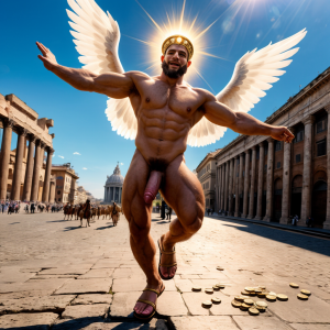 En el año 49 a.C., Julio César desnudo con pene grande. Está por las calles de la ciudad de Roma. Está bronceado. Tiene testículos grandes y peludos, muestra su bíceps derecho con orgullo. Tiene un aro luminoso sobre su cabeza. Tiene alas blancas. Tiene sandalias, monedas esparcidas. Salta hacia arriba subiendo al cielo. Es muy atractivo. Está volando entre nubes. Se ve todo el cuerpo muy bonito, cabeza y pies con sandalias.