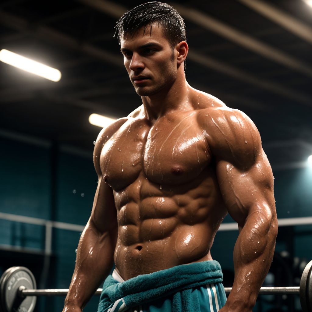 Hombre musculoso de 28 años, jugador de fútbol, cubierto de gotas de agua, parado en un gimnasio, físico atlético, torso desnudo, toalla húmeda en la cintura, piel brillante, sombras dramáticas, expresión serena y cansada, estilo fotorealista, texturas húmedas, fondo desenfocado, enfoque en la forma poderosa del jugador.