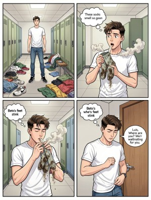 Un cómic de cuatro viñetas ambientado en un vestuario escolar con taquillas verdes, bancos y ropa deportiva tirada por el suelo muestra a un chico joven con camiseta blanca, vaqueros y zapatillas negras entre montones de prendas y zapatos. En la segunda viñeta sostiene unos calcetines sucios y marrones, rodeados por una nube de mal olor, mientras piensa en inglés que “estos calcetines huelen tan bien”. Después acerca los calcetines a la nariz y los huele con los ojos cerrados, mientras un bocadillo indica que “los pies de Beto apestan”. En la última viñeta, junto a una puerta de madera, el chico parece guardar el secreto o disponerse a salir, pensando de nuevo en el olor de los pies de Beto, mientras alguien llamado Luis pregunta desde fuera dónde está porque le espera.
