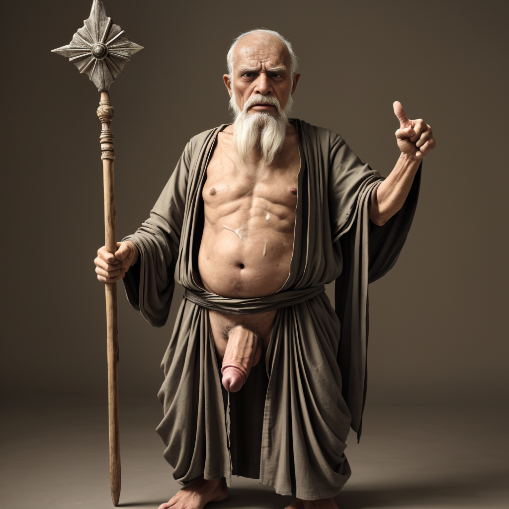 Anciano extremadamente viejo, similar a los ascetas consumidos de la India, con una túnica desgastada, mostrando una verga gigante y dura que asoma entre los pliegues, sosteniendo un bastón en la mano mientras señala su inmensa erección con un gesto provocativo. cuerpo entero