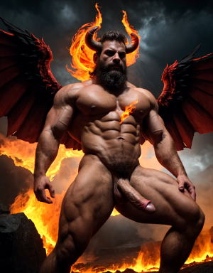 Diablo Satanás desnudo, pene grande:1.5, testículos oscuros:1.2, vello corporal abundante:1.1, bronceado:1, alas negras y rojas oscuras:1.3, brazos hacia arriba, implorando rayos y fuego, ojos rojos grandes:1.2, barba:1, delgado, testículos visibles:1.1, ano expuesto:1, rodeado de llamas y humo:1.2, chorro de fuego rojo en pene erecto:1.5, torso de toro musculoso:1.2. Tiene fuego en su ano y tiene mucho fuego en sus testículos.