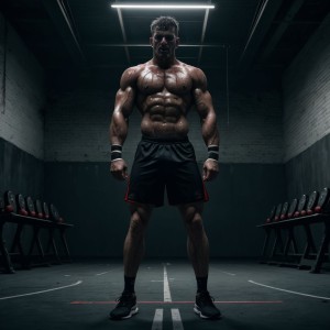 2 Hombre desnudo, musculoso y sudoroso, atado de los pie fetichista, en una gimnasio oscura con una luz tenue, rodeado de instrumentos de tortura, cuerpo tenso con marcas de sufrimiento, en pose de sumisión y agonía, en un campo de rugby abandonado, con dos hombres de 30 años, piel blanca, mallas ajustadas