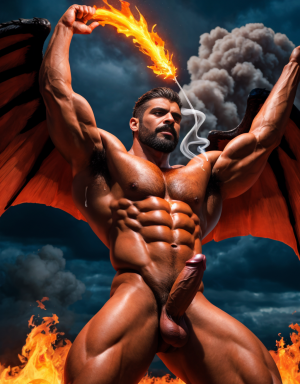Diablo Satanás desnudo, pene grande:1.5, testículos oscuros:1.2, vello corporal abundante:1.1, bronceado:1, alas negras y rojas oscuras:1.3, brazos hacia arriba, implorando rayos y fuego, ojos rojos grandes:1.2, barba:1, delgado, testículos visibles:1.1, ano expuesto:1, rodeado de llamas y humo:1.2, chorro de fuego rojo en pene erecto:1.5, torso de toro musculoso:1.2. Tiene fuego en sus piernas y en su ano.