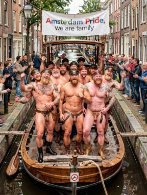 A group of muscular, tattooed men sails along a narrow Amsterdam canal during Amsterdam Pride, posing and waving from a simply decorated wooden boat. They wear leather caps, boots, harnesses, and thongs or minimal leather-style clothing, leaving their torsos bare and showing a festive, provocative aesthetic typical of LGTBIQ+ pride. Above them hangs a white banner with the text “Amsterdam Pride, we are family,” while on both sides of the canal the crowd applauds from the sidewalks among brick houses, streetlights, bridges, and bicycles, creating a crowded, joyful, and activist scene in the heart of the city.