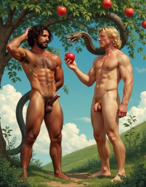 Hombre musculoso desnudo, tiene mucho vello por todo su cuerpo. Su polla es grande y perfectamente formada y con el glande descubierto sin pellejo y a la vista. Su brazo derecho hacia arriba con la mano derecha detrás de la cabeza. Su cintura es muy estrecha , está en un entorno verde con un árbol manzano con una manzana, en el manzano hay una serpiente grande mirando al hombre, mientras el hombre coge una manzana, el cielo lleno de blancas nubes. A su lado hay un  hombre desnudo musculoso, rubio, con pelo largo y muy sexi , ofrece una manzana al hombre, se miran con amor y se enamoran