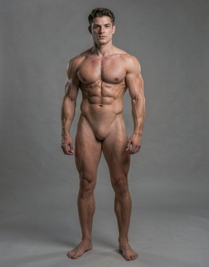 Full-body nude man standing and posing in front of a gray studio background, with a very muscular and defined physique typical of bodybuilding or fitness. He maintains a frontal posture, arms relaxed at his sides, legs slightly apart, and a serious expression while looking directly at the camera. The voluminous chest, defined abdomen, broad shoulders, vascular arms, and strong thighs stand out, with soft lighting that highlights the muscular definition and shadows of the torso. The vertical framing also shows his bare feet on the neutral floor, creating a sober, athletic, and minimalist physical portrait.