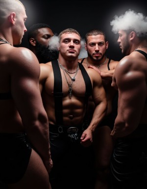 un grupo de Amos vestidos  de cuero aparecen de cuerpo entero, están en un bar oscuro y sórdido buscando esclavos complacientes. De espaldas aparecen dos sumisos musculosos, con ganas de complacer