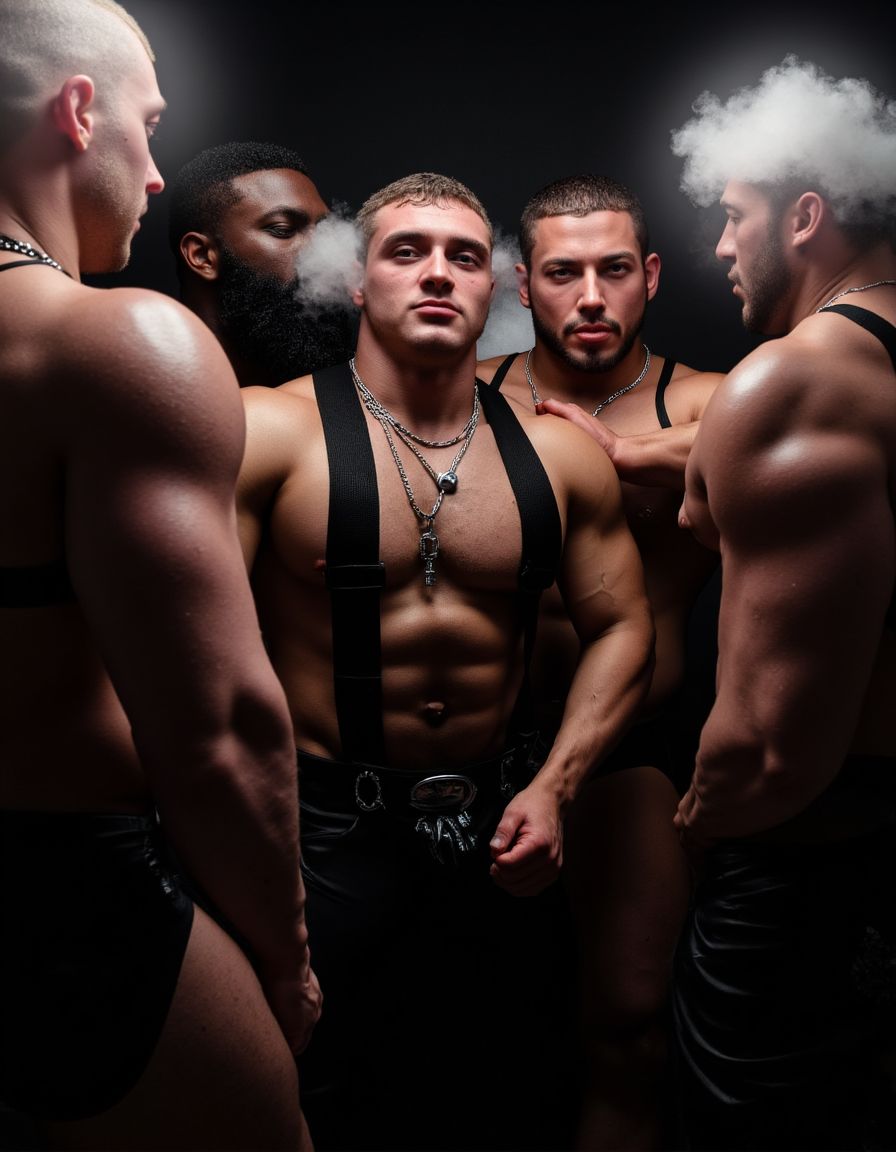 un grupo de Amos vestidos  de cuero aparecen de cuerpo entero, están en un bar oscuro y sórdido buscando esclavos complacientes. De espaldas aparecen dos sumisos musculosos, con ganas de complacer