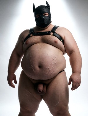 Hombre corpulento y desnudo posando de pie sobre un fondo claro de estudio, con iluminación frontal y sombras suaves que resaltan su gran barriga, pecho, muslos y marcas visibles en la piel. Lleva una máscara negra de cuero o látex con orejas puntiagudas, aberturas para los ojos y pequeños orificios en la zona de la boca, además de un arnés negro con correas y hebillas sobre los hombros y el torso. Su postura es frontal, rígida y dominante, con los brazos relajados a los lados. El pene queda visible bajo el abdomen, y la composición combina estética fetichista, bondage, máscara de animal o superhéroe oscuro y retrato corporal explícito.