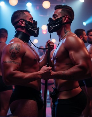 Dos hombres musculosos de 24 años y atractivos, desnudos de cintura para abajo, con sus penes totalmente visibles, se encuentran en el medio de una discoteca gay oscura y lujuriosa, similar a Berghain, con luces estroboscópicas y una atmósfera cargada de deseo. Uno de ellos, con un torso desnudo y tatuajes intrincados, lleva un collar de cuero negro con una placa de metal brillante, mientras que el otro, con el pecho cubierto de vello y un piercing en el pezón, viste un pantalón de cuero ajustado y lleva una máscara de cuero en la cabeza. Ambos hombres están inmersos en una escena de BDSM, con el hombre del collar sujetando un látigo de cuero en la mano, mientras el otro se arrodilla a sus pies, con las manos atadas a la espalda con cuerdas de cuero y la cabeza inclinada hacia atrás, ofreciendo su cuerpo al placer y el dolor. La discoteca a su alrededor bulle con personas danzando y disfrutando de la música electrónica, pero la atención de estos dos hombres se centra únicamente en su juego de poder y sumisión, con sus penes erectos y visibles, listos para satisfacer sus deseos más oscuros. La escena es hiperrealista, con detalles de alta calidad y una iluminación que resalta la textura de la piel, el cuero y el metal, creando una imagen impactante y sensual.