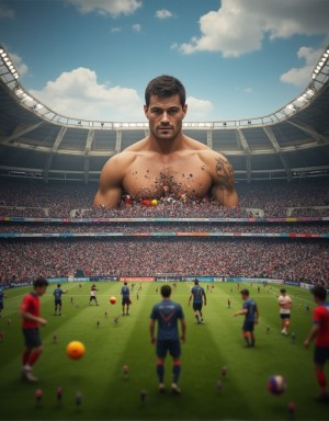 hombre caucasico de 23 años gigante masivo aplasta un diminuto estadio de futbol lleno de diminutas personas, macrophilia.