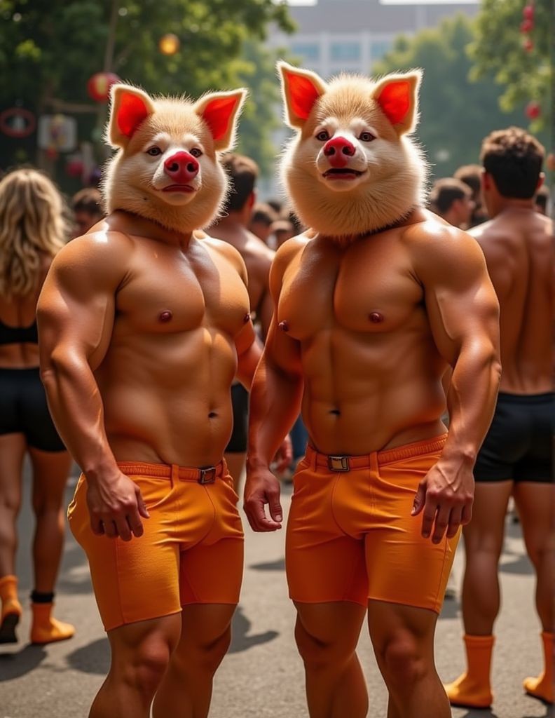 Dos hombres musculados, asisten a una fiesta puppy play, para la que han preparado cabezas de cerdo peludas. 