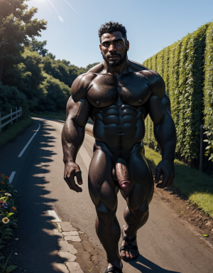 Hombre negro desnudo, musculoso, tiene pene negro, tiene testículos negros. Tiene sandalias negras. Tiene mucho vello negro. Tiene pezones grandes largos y puntiagudos. Tiene pelo largo rizado negro. Está andando por un camino en el campo con flores negras. Sale líquido blanco por sus pezones