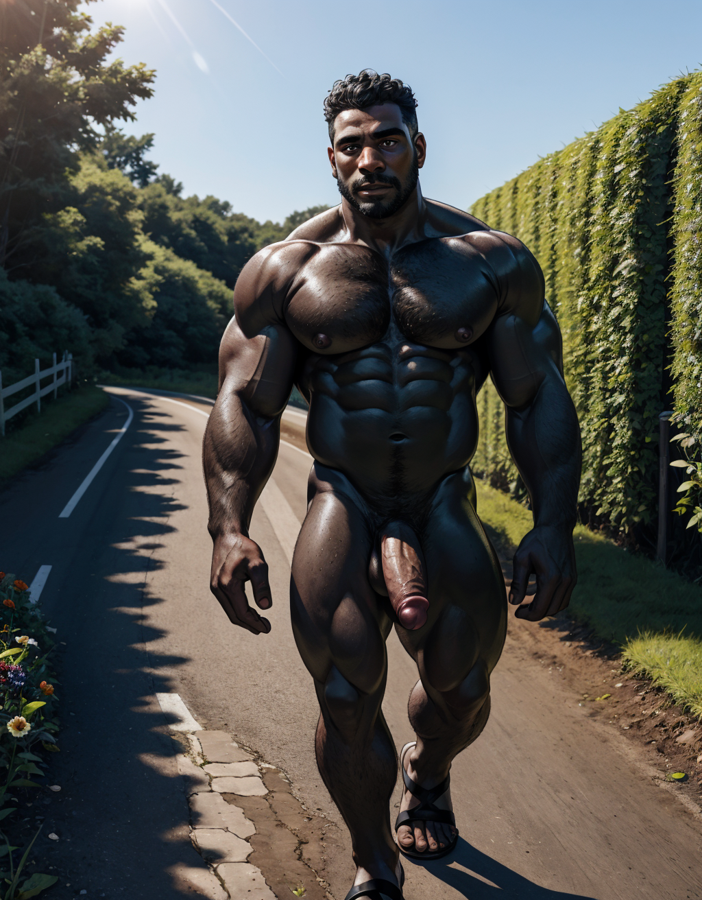 Hombre negro desnudo, musculoso, tiene pene negro, tiene testículos negros. Tiene sandalias negras. Tiene mucho vello negro. Tiene pezones grandes largos y puntiagudos. Tiene pelo largo rizado negro. Está andando por un camino en el campo con flores negras. Sale líquido blanco por sus pezones