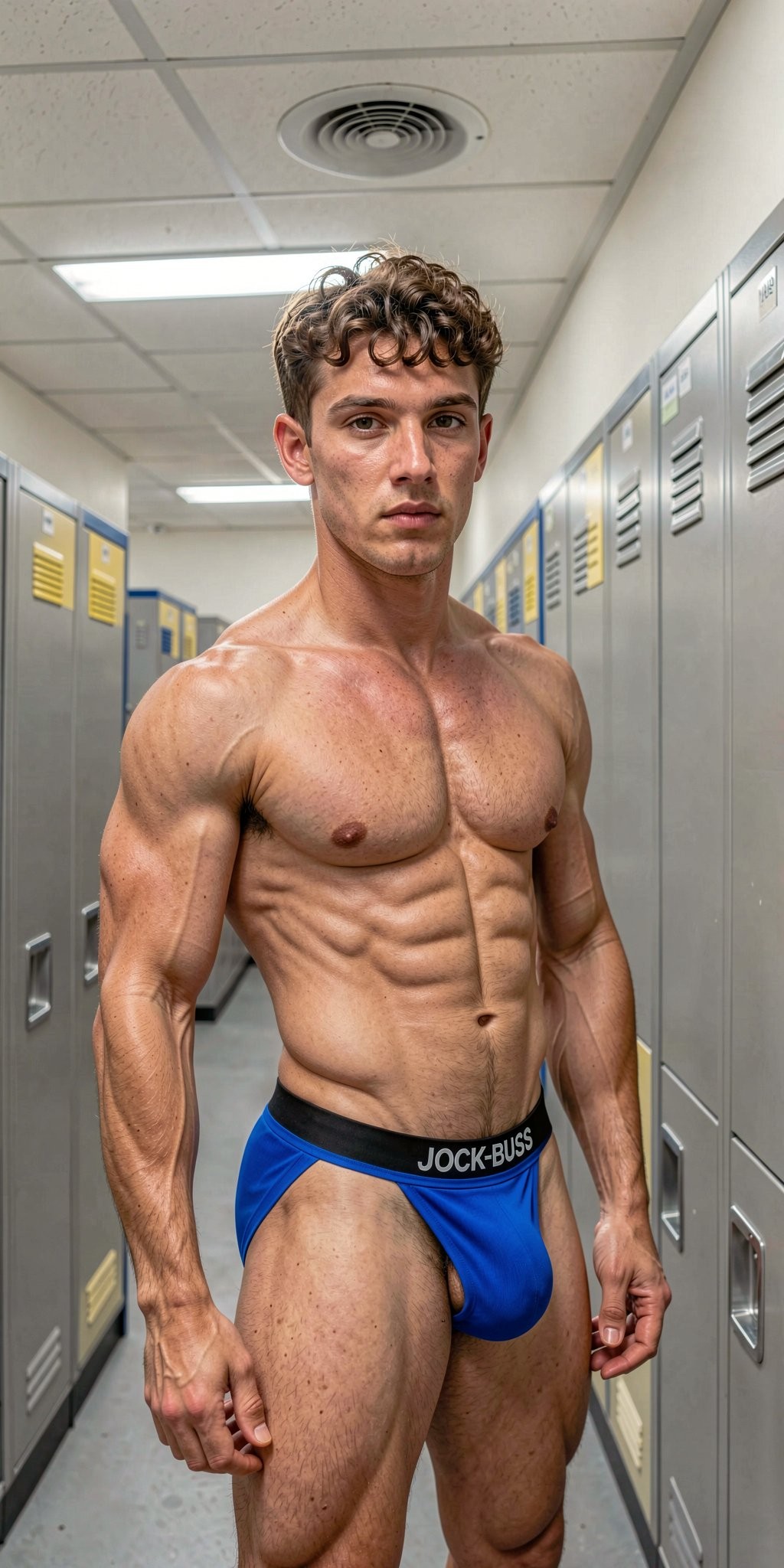 Un hombre musculoso posa de pie en un vestuario estrecho, rodeado de taquillas metálicas grises y amarillas bajo luces fluorescentes de techo. Lleva únicamente un slip deportivo azul de cintura negra con la marca “Jock Plus”, que resalta sus muslos fuertes, abdomen marcado, pectorales definidos y brazos venosos. Su piel aparece brillante por el sudor, con gotas visibles en el torso, hombros y piernas, reforzando una estética de gimnasio, entrenamiento intenso y físico atlético. Tiene el pelo castaño rizado y húmedo, expresión seria y mirada directa a cámara, mientras mantiene una postura firme y frontal en el pasillo del vestuario.