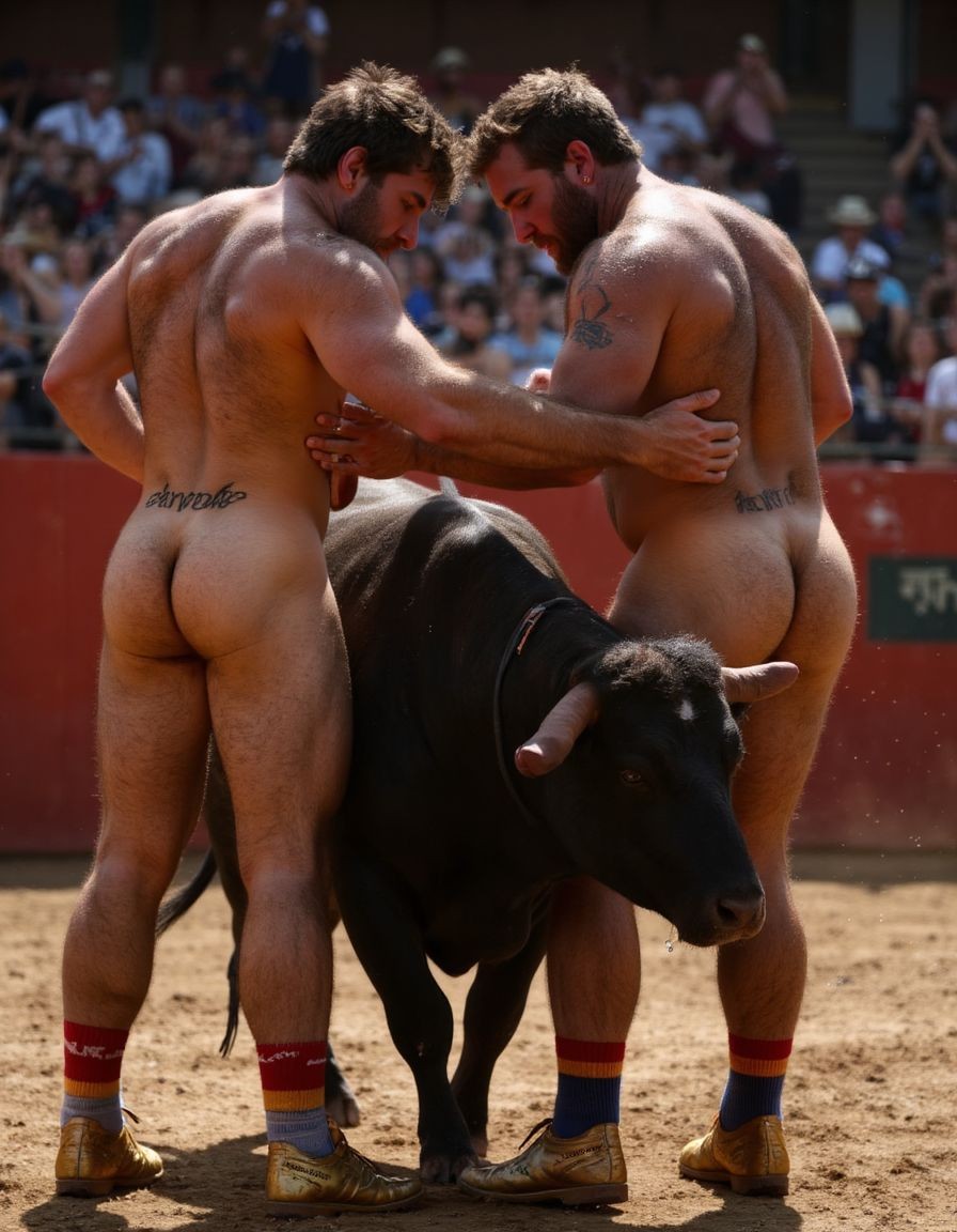 Un torero español musculoso y velludo de 50 años, con torso atlético y marcado, se muestra completamente desnudo, destacando su pene de 30 cm de longitud y 5 cm de grosor, perfectamente formado y rodeado de un denso vello púbico castaño oscuro. Sus testículos, perfectamente formados, cuelgan de forma prominente. La piel bronceada y sudorosa resalta su musculatura definida, con pectorales y abdominales bien marcados y sin grasa. El cabello largo y castaño oscuro está despeinado y sudoroso, con gotas de sudor resbalando por su frente y mejillas. Una barba incipiente y un vello corporal denso que se extiende por su pecho, piernas y brazos completan su apariencia viril. Lleva zapatillas doradas en sus pies.

A su lado, un hombre musculoso y velludo de 30 años, completamente desnudo, muestra un pene de 30 cm de longitud y 7 cm de grosor, hermoso y perfecto, rodeado de un denso vello púbico pelirrojo. Su piel bronceada y sudorosa muestra una musculatura definida, con pectorales y abdominales muy marcados. Tiene cabello pelirrojo despeinado y sudoroso. Tiene una barba pelirroja densa pero bien recortada. El vello corporal pelirrojo denso cubre su pecho, y tiene mucho vello pelirrojo en sus piernas y brazos, lo que realza su apariencia masculina y atlética. Están en la plaza de toros con un toro salvaje. Se aman

Ambos hombres se encuentran en una plaza de toros, con sombras que resaltan su musculatura y vello corporal, creando un ambiente sensual y cargado de tensión. Están en pleno acto de pasión, con sus penes erectos y testículos prominentes ,destacando su musculatura, vello corporal y atributos viriles en una imagen impactante y llena de energía. La escena está llena de sensualidad y poder, con los dos hombres como protagonistas, en un ambiente cargado de pasión y erotismo. La imagen es híper realista, con detalles de alta calidad, y muestra la unión de los dos hombres en un acto de pasión y dominio, con sus cuerpos musculosos y velludos completamente desnudos y visibles, mostrando su excitación y pasión en cada detalle. Tienen sus penes erectos. Están totalmente desnudos. Tienen un pene de 40 cm de longitud y 7 cm de diámetro. Son felices y sonríen. Amor. Se abrazan por la cintura con fuerza y pasión, están muy juntos. Sexo fuerte. El uno sobre el otro haciendo sexo, abrazados y besándose en la boca con lengua.  Están muy juntos apretándose el uno con el otro. Te quiero ❤️. Uno está detrás del otro abrazándole la cintura por la espalda. 