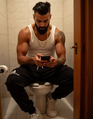 Younes, 19 años, marroquí hetero musculoso sentado en el váter de su piso. Cuerpo atlético definido, piel morena bronceada, pelo negro rapado a los lados con tupé arriba, barba de tres días perfectamente recortada. Lleva una cadena de oro al cuello. Pantalones de chándal Adidas negros bajados hasta los tobillos, camiseta blanca de tirantes. Expresión relajada mirando el móvil mientras caga. Tatuaje árabe en el antebrazo. Muslos gruesos y peludos. Zapatillas Nike blancas en el suelo del baño. Iluminación cálida de baño residencial español. Ambiente íntimo y crudo. Hiperrealista, fotografía documental urbana.