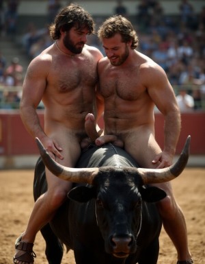 Un hombre musculoso y velludo de 50 años, torero español, con un torso atlético y marcado, está totalmente desnudo, mostrando un pene de 25 cm de longitud y 4 cm de grueso, perfectamente formado y rodeado de un denso vello púbico castaño oscuro. Sus testículos, de grandes dimensiones y perfectamente formados, cuelgan de manera prominente. La piel bronceada y sudorosa resalta su musculatura definida, con pectorales y abdominales bien marcados y sin grasa. El cabello largo y castaño oscuro está despeinado y sudoroso, con gotas de sudor resbalando por su frente y mejillas. Una barba incipiente y un vello corporal denso que se extiende por su pecho, piernas y brazos completan su apariencia viril. Tiene sandalias marrones en sus pies.

A su lado, un hombre musculoso y velludo de 30 años, también totalmente desnudo, muestra un pene erecto de 30 cm de longitud y 4 cm de grueso, hermoso y perfecto, rodeado de un denso vello púbico moreno. Su piel bronceada y sudorosa también muestra una musculatura definida, con pectorales y abdominales bien marcados. El cabello largo y rubio oscuro está despeinado y sudoroso, y una barba. El vello corporal denso en su pecho, piernas y brazos añade a su apariencia masculina y atlética.

Ambos hombres están subidos al lomo de un toro majestuoso en una plaza de toros, con sombras que resaltan su musculatura y vello corporal, creando un ambiente sensual y cargado de tensión. Están follando, con sus penes erectos y testículos prominentes, destacando su musculatura, vello corporal y atributos viriles en una imagen impactante y llena de energía. La escena está llena de sensualidad y poder, con los dos hombres y el toro como protagonistas, en un ambiente cargado de pasión y erotismo. La imagen es hiperrealista, con detalles de alta calidad, y muestra la unión de los dos hombres con el toro en un acto de pasión y dominio. Son hombres muy machos muy varoniles. Penes erectos. Están totalmente desnudos y muy excitados y pollas visibles