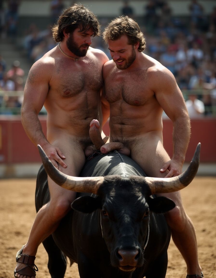 Un hombre musculoso y velludo de 50 años, torero español, con un torso atlético y marcado, está totalmente desnudo, mostrando un pene de 25 cm de longitud y 4 cm de grueso, perfectamente formado y rodeado de un denso vello púbico castaño oscuro. Sus testículos, de grandes dimensiones y perfectamente formados, cuelgan de manera prominente. La piel bronceada y sudorosa resalta su musculatura definida, con pectorales y abdominales bien marcados y sin grasa. El cabello largo y castaño oscuro está despeinado y sudoroso, con gotas de sudor resbalando por su frente y mejillas. Una barba incipiente y un vello corporal denso que se extiende por su pecho, piernas y brazos completan su apariencia viril. Tiene sandalias marrones en sus pies.

A su lado, un hombre musculoso y velludo de 30 años, también totalmente desnudo, muestra un pene erecto de 30 cm de longitud y 4 cm de grueso, hermoso y perfecto, rodeado de un denso vello púbico moreno. Su piel bronceada y sudorosa también muestra una musculatura definida, con pectorales y abdominales bien marcados. El cabello largo y rubio oscuro está despeinado y sudoroso, y una barba. El vello corporal denso en su pecho, piernas y brazos añade a su apariencia masculina y atlética.

Ambos hombres están subidos al lomo de un toro majestuoso en una plaza de toros, con sombras que resaltan su musculatura y vello corporal, creando un ambiente sensual y cargado de tensión. Están follando, con sus penes erectos y testículos prominentes, destacando su musculatura, vello corporal y atributos viriles en una imagen impactante y llena de energía. La escena está llena de sensualidad y poder, con los dos hombres y el toro como protagonistas, en un ambiente cargado de pasión y erotismo. La imagen es hiperrealista, con detalles de alta calidad, y muestra la unión de los dos hombres con el toro en un acto de pasión y dominio. Son hombres muy machos muy varoniles. Penes erectos. Están totalmente desnudos y muy excitados y pollas visibles