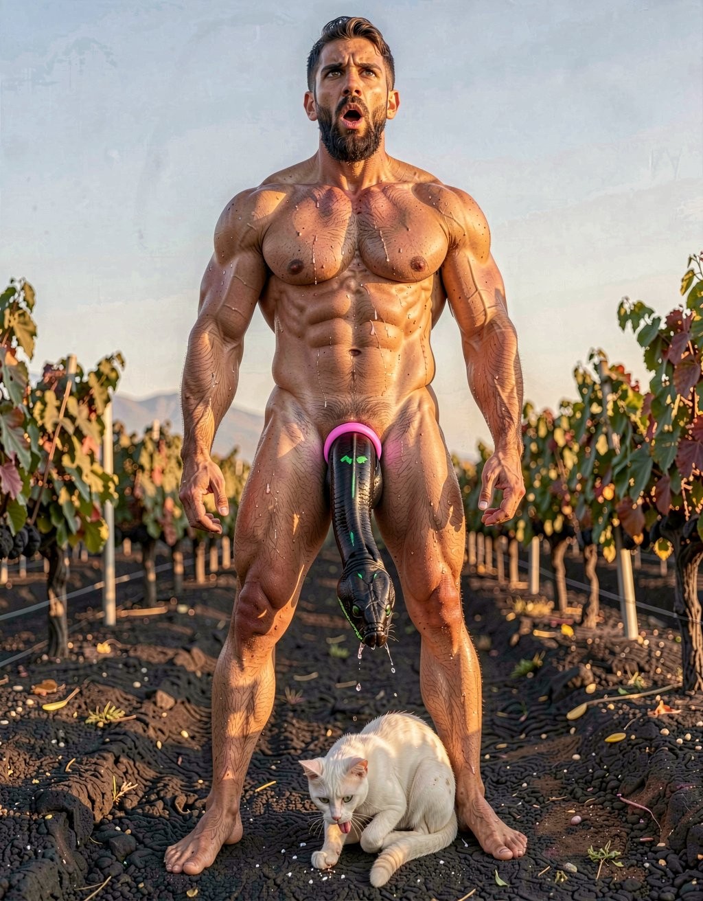 A raw, extremely photorealistic full-body vertical photograph taken on location with Canon EOS R5, 85mm f/1.4 lens at f/2, natural golden-hour Mediterranean sunlight hitting the scene in an Assyrtiko vineyard on Santorini. Dimitris, 35-year-old powerfully built Greek man with completely authentic mature muscle, real skin imperfections, visible pores and natural body hair, stands totally naked with his bare feet planted wide on dark volcanic soil. Shot from a low three-quarter rear angle that perfectly frames his massive muscular back, thick rounded shoulders, narrow waist and round, densely hairy glutes. His head is turned over his left shoulder, thick black beard with natural silver strands visible in profile, mouth slack and genuinely open in shock, eyes wide and unfocused as he stares straight up at the sky with a raw, unfiltered expression of surprise, discomfort and intense bodily sensation. A large, completely realistic python with glossy black scales and subtle emerald reflections has forced its broad head and a thick muscular section of its body deep into his hairy anus. The sphincter is stretched to its absolute physical limit around the snake’s thick torso, pink inner rim visibly gripping with authentic redness, natural swelling, visible tension, every tiny wrinkle, dark anal hair and involuntary muscular spasm captured with clinical, documentary clarity. Thick beads of real sweat trickle down his crack, mixing with natural lubrication as the snake slowly and powerfully pushes further inside with visible contractions. At his feet, a real white domestic cat with slightly dirty soft fur sits calmly on the volcanic earth and licks the toes and sole of Dimitris’ right foot with slow, wet, deliberate strokes of its small pink tongue, leaving visible saliva trails on the skin and between the toes. True sunlight creates authentic specular highlights on wet skin, glossy scales, the stretched anal tissue, individual body hairs, sweat droplets and the cat’s fur, with deep natural shadows and shallow depth of field that keeps razor-sharp focus on the penetration, the stretched hole and the cat’s tongue while softly blurring the distant vines. Obsessive photographic realism: visible skin pores, real skin texture and imperfections, individual hairs, natural muscle striations, realistic scale patterns, authentic physical reaction of the stretched anus, wet saliva, dust particles on the cat’s paws and fur, pure unembellished documentary precision as if taken by a professional photographer standing right there on location, zero artistic stylization whatsoever.