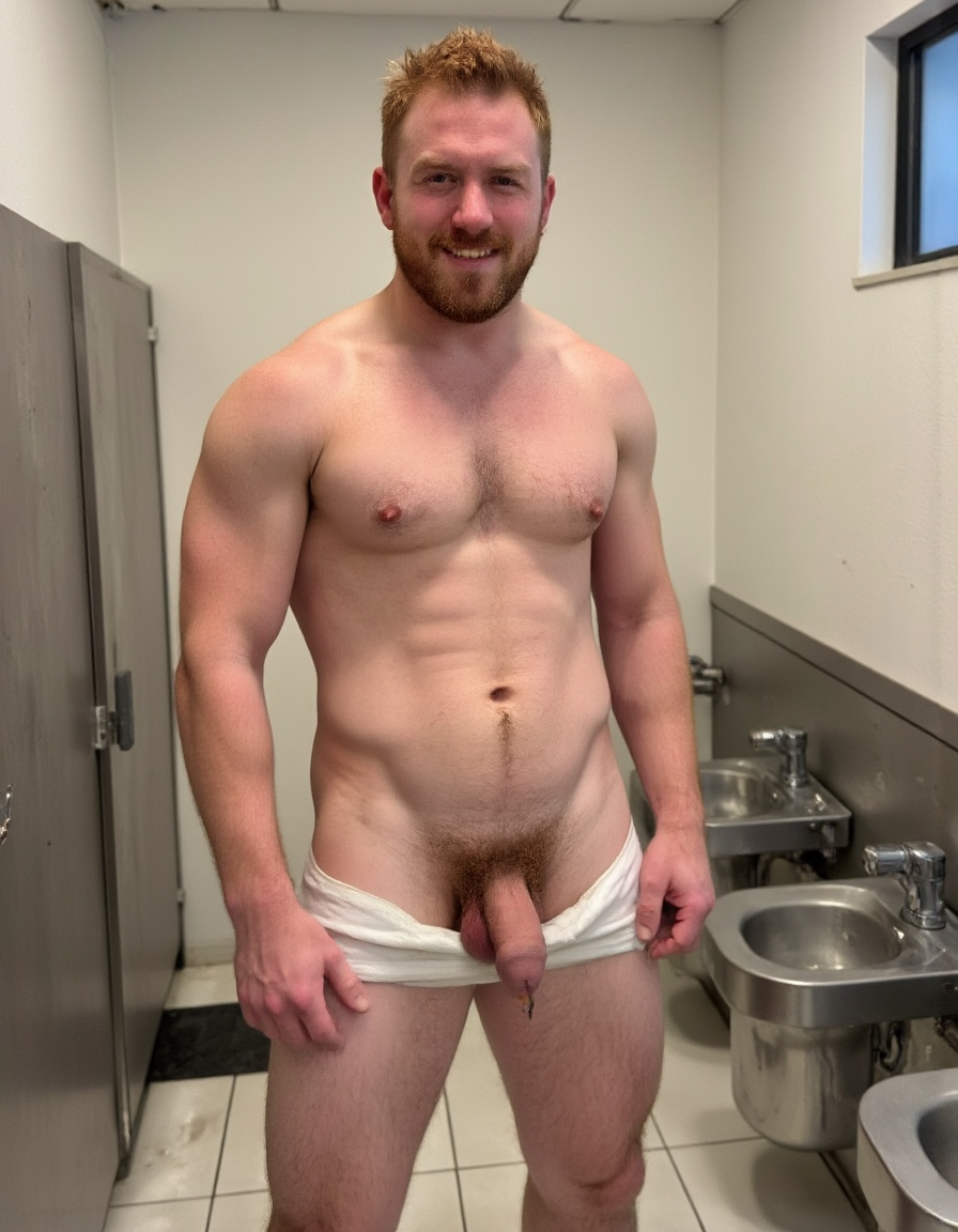 Un hombre pelirrojo de unos 30 años, con barba rojiza bien definida y una sonrisa amplia y confiada:1.5, se encuentra en un baño público moderno y limpio:0.9, rodeado de servicios sanitarios de acero inoxidable y azulejos blancos brillantes. Su musculatura es delgada pero bien marcada:1, lo que sugiere una buena condición física y un estilo de vida activo. Lleva un paño o toalla de color blanco alrededor de la cintura, pero está abierto de manera que se puede ver su pené grande y no circuncidado:1.3, con un prepucio bien definido y un vello púbico pelirrojo:1.1 que complementa su barba y cabello rojizo. La luz del sol que entra a través de la ventana del baño resalta los detalles de su cuerpo, destacando la definición de sus músculos y el brillo de su piel suave y saludable. La sonrisa del hombre sugiere confianza y seguridad en sí mismo, mientras que su postura relajada indica que se siente cómodo en su entorno. La imagen es hiperrealista, con detalles de alta calidad que permiten apreciar cada aspecto de la escena, desde el brillo del acero inoxidable. El hombre pelirrojo es el foco principal de la imagen, con su barba sonriente:1.2 y su pené grande siendo los elementos más destacados, mientras que el vello púbico pelirrojo y la musculatura delgada agregan profundidad y realismo a la escena. El baño público proporciona un contexto interesante y moderno para la imagen, con su iluminación suave y su decoración minimalista.